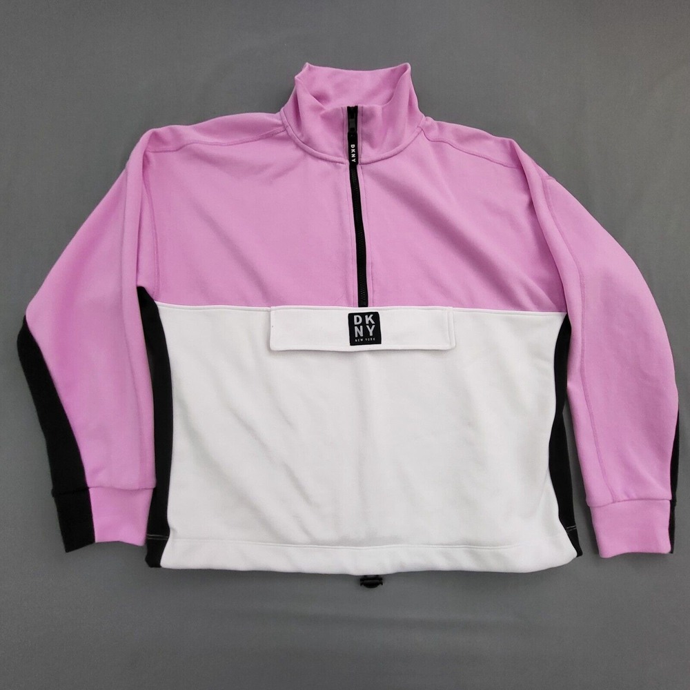 DKNY Sweater Womens Large Long Sleeve Mock Neck 1/2 Zip Pullover Crop Knit Pink